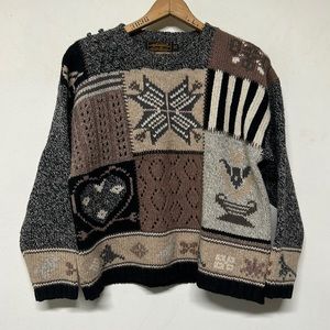 Vintage 90s Eddie Bauer Snowflake Heart Floral Sweater Tan Gray Black